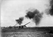 <p>Naval guns fire from behind Canadian positions during the advance on Vimy Ridge in April 1917. Photo from CP. </p>