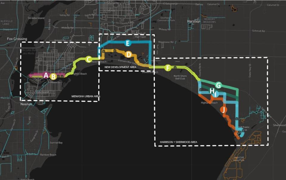 Map of potential routes for the High Cliff Connection that will link the Fox Cities with the state park.