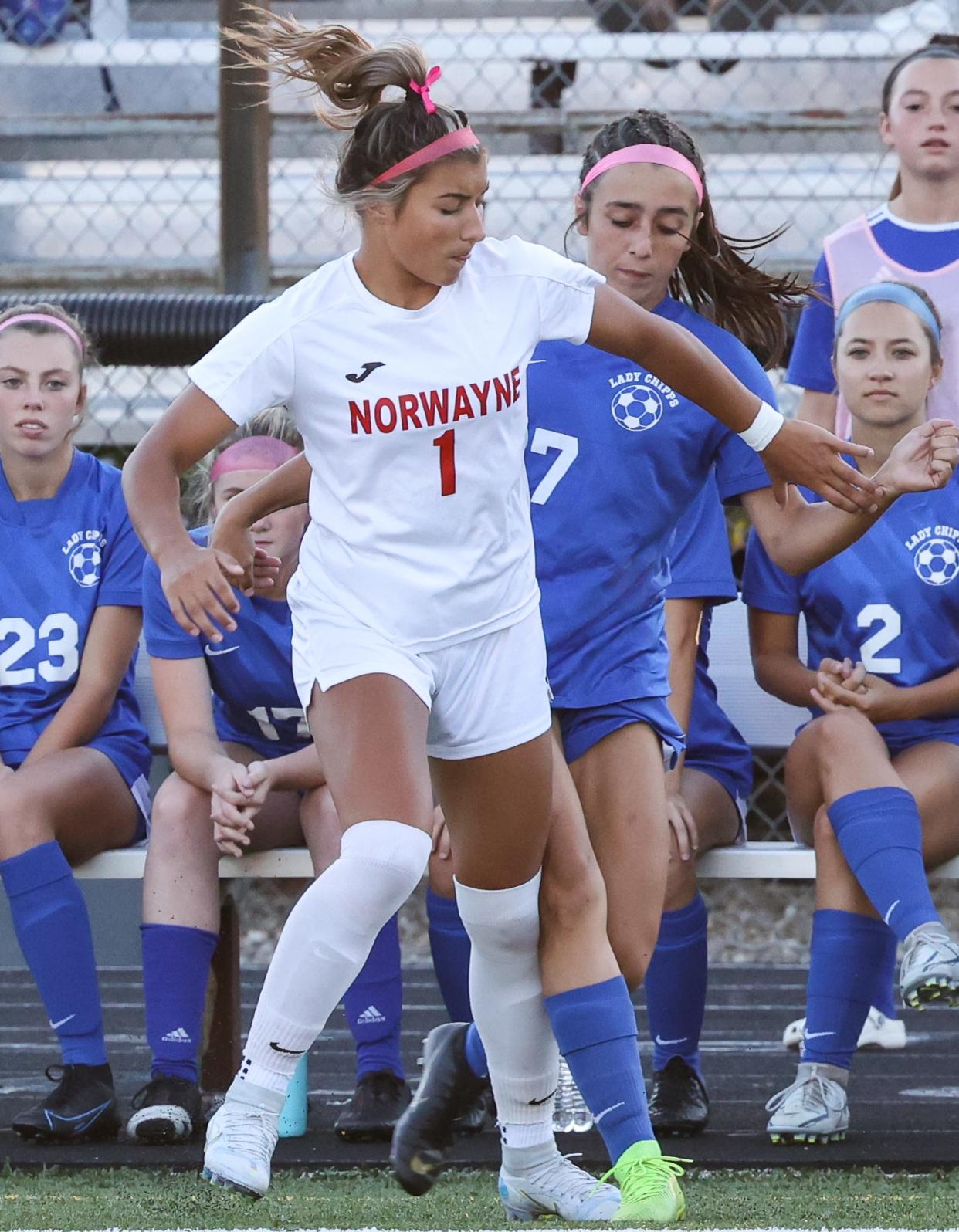 Norwayne's Shelby Vaughn and Chippewa's Michaela Miller battle for position in the first half.