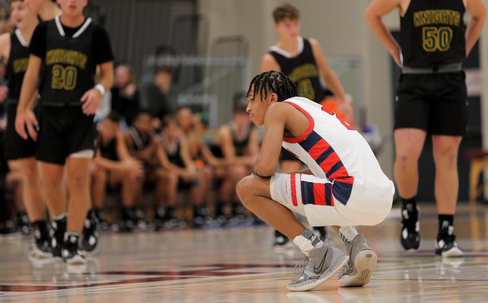 Seton junior Braiden Hogg squats down before a game against Northeastern Nov. 23, 2022.