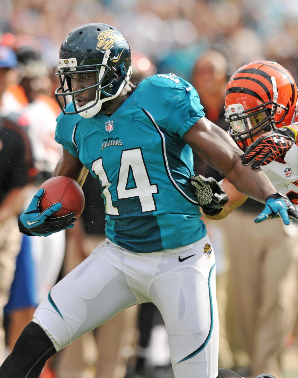 Jacksonville Jaguars receiver Justin Blackmon (14), the No. 5 overall draft pick in 2012, had a promising rookie season, but his career quickly flamed out in Year 2 with violations of the NFL's substance abuse policy and he never played in the NFL again.