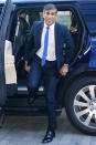 Britain's Prime Minister Rishi Sunak arrives at the TV studios in Manchester, England, Tuesday, June 4, 2024. Rishi Sunak, leader of the Conservative Party, and Keir Starmer, leader of the Labour Party, are preparing to face off in the first head-to-head TV debate of the election. (AP Photo/Jon Super)