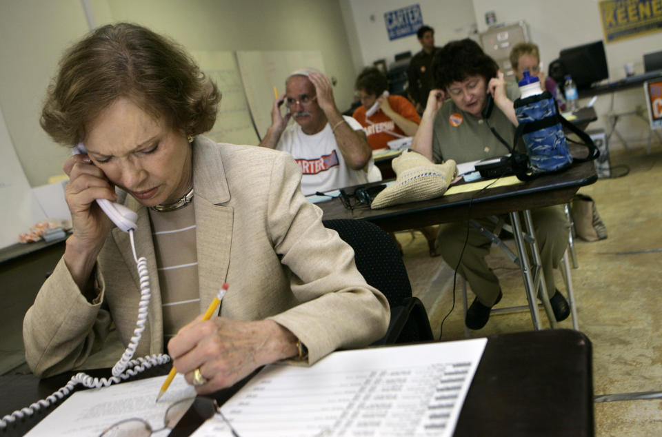 FILE - Former first lady Rosalynn Carter makes phone calls to voters at the campaign headquarters on behalf of her son, Jack Carter, a Democratic nominee for U.S. Senate, Oct. 3, 2006, in Las Vegas. Rosalynn Carter, the closest adviser to Jimmy Carter during his one term as U.S. president and their four decades thereafter as global humanitarians, died Sunday, Nov. 19, 2023. She was 96. (AP Photo/Laura Rauch, File)