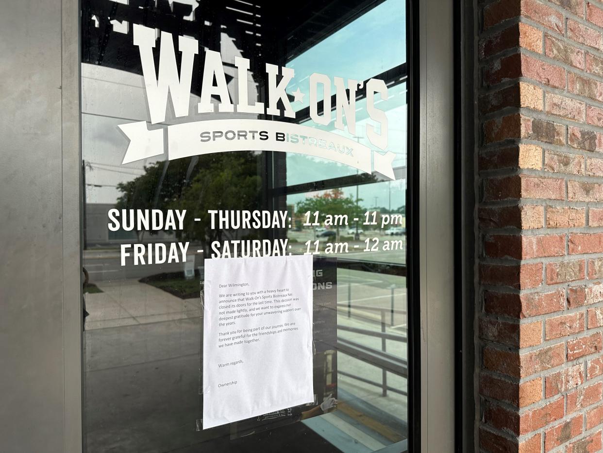 A letter from restaurant ownership to the Wilmington community announces the closure of Walk-On's Sports Bistreaux. The Louisiana-inspired restaurant operated for nearly three years on Oleander Drive.