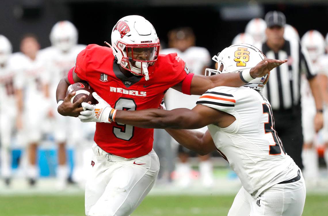 UNLV running back Aidan Robbins (9) scored three touchdowns in his team’s season-opening win against Idaho State on Saturday. Robbins starred at Manual before starting his collegiate career at Louisville.