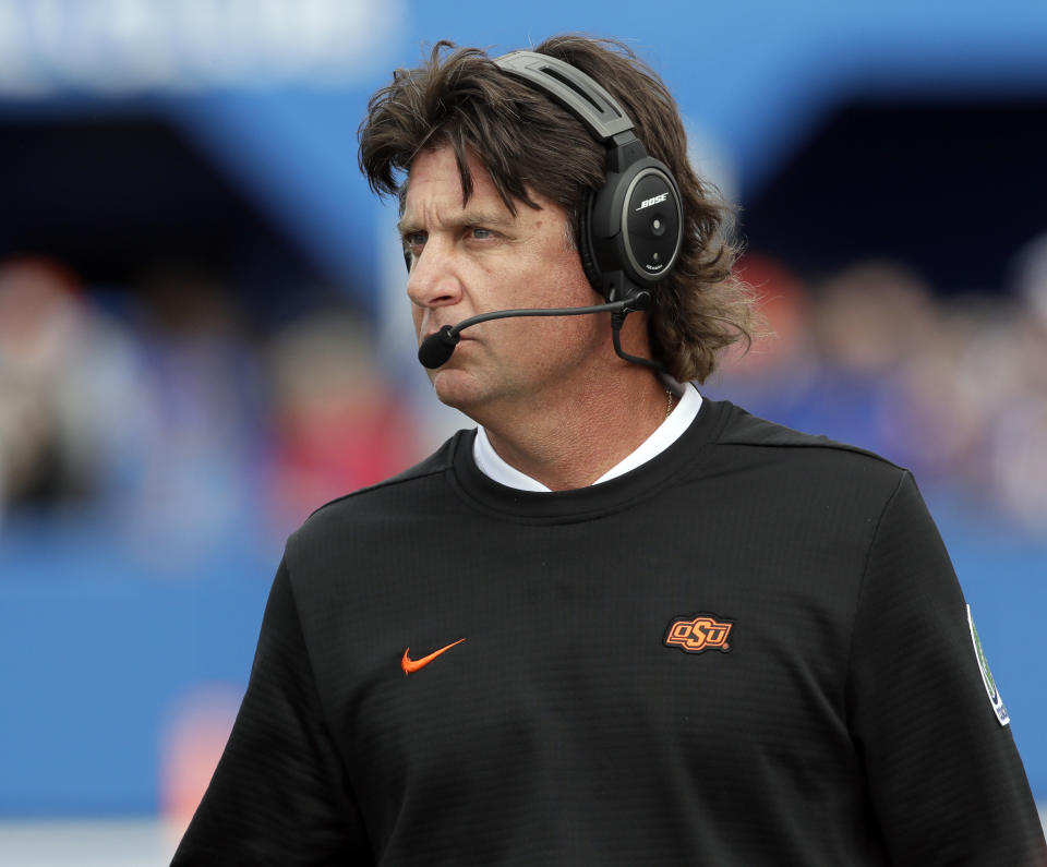 Oklahoma State head coach Mike Gundy’s team got a big win Saturday night. (AP Photo/Orlin Wagner)