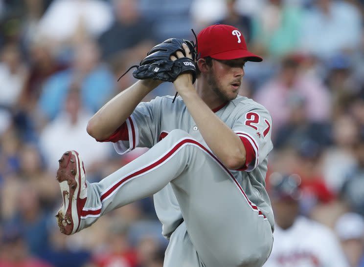 Philadelphia Phillies starting pitcher Aaron Nola (27) works in the first inning of a baseball game against Atlanta Braves Thursday, July 28, 2016, in Atlanta,. (AP Photo/John Bazemore)