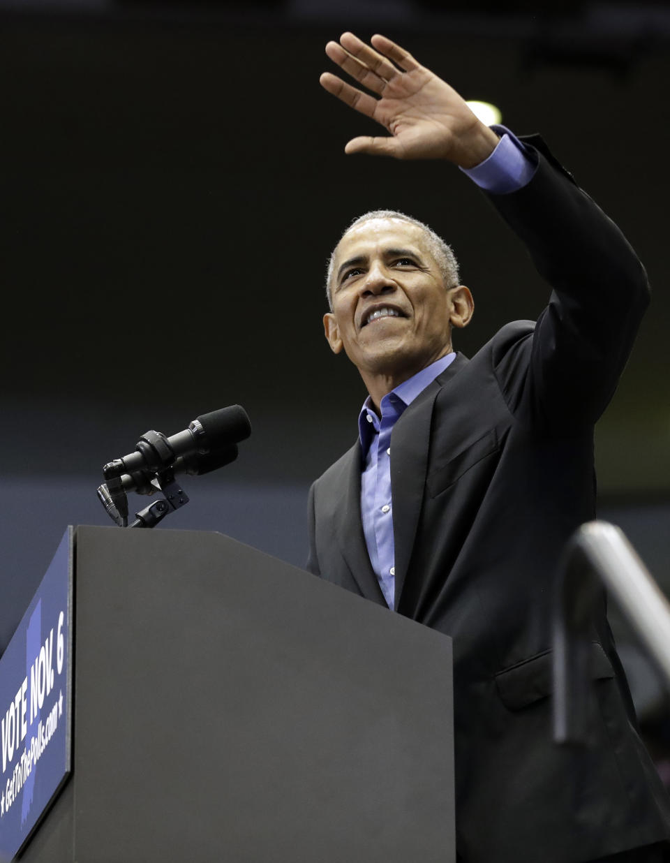 Former President Barack Obama waves to Democratic supporters at Genesis Convention Center, Sunday, Nov. 4, 2018, in Gary, Ind. Obama rallied Democrats on behalf of Sen. Joe Donnelly, D-Ind., who faces a stiff challenge from Republican businessman Mike Braun. (AP Photo/Nam Y. Huh)