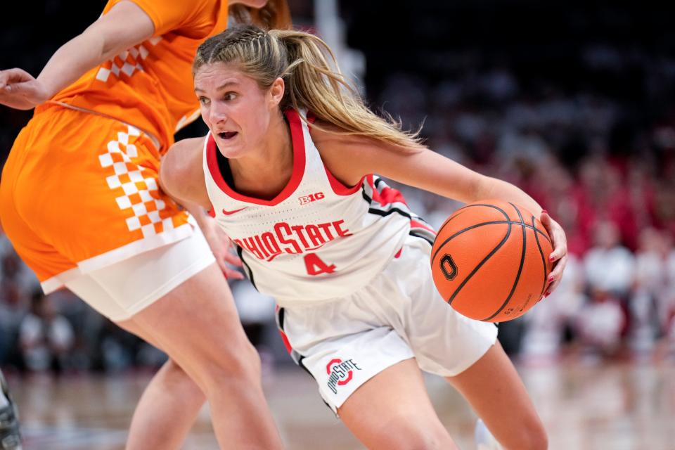Jacy Sheldon (4) is expected to play a big role for Ohio State in the NCAA Tournament as she recovers from injury.