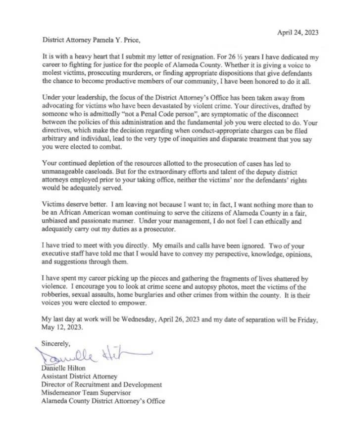 نامه استعفای دانیل هیلتون دفتر دادستان منطقه آلامدا