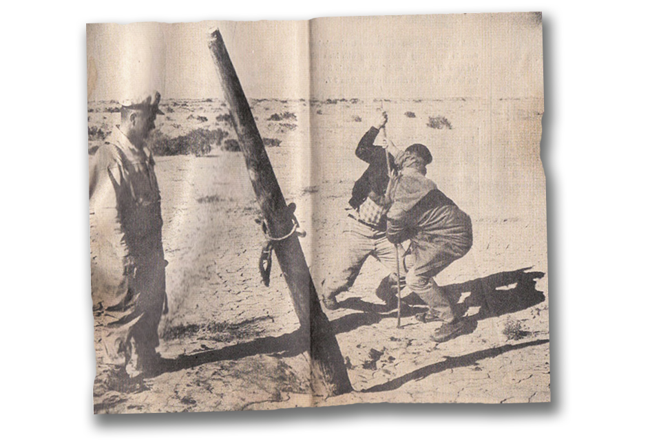 The Imperial Valley Press published a full-page story in 1968, featuring amateur archaeologist Morlin Childers (left) next to what appears to be a mast sticking out of the sand.