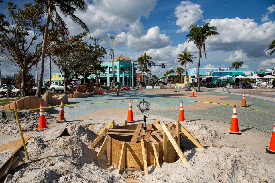The Times Square on Fort Myers Beach on Wednesday, Sept. 6, 2023. It is coming up on a year since Hurricane Ian slammed ashore in Southwest Florida on Sept. 28, 2022. The island is slowly coming back.