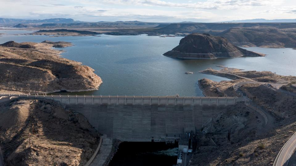 Elephant Butte Dam and its reservoir is seen at 24.7% during the week that water is to be released to the Rio Grande for the 2024 cycle on March 8, 2024.