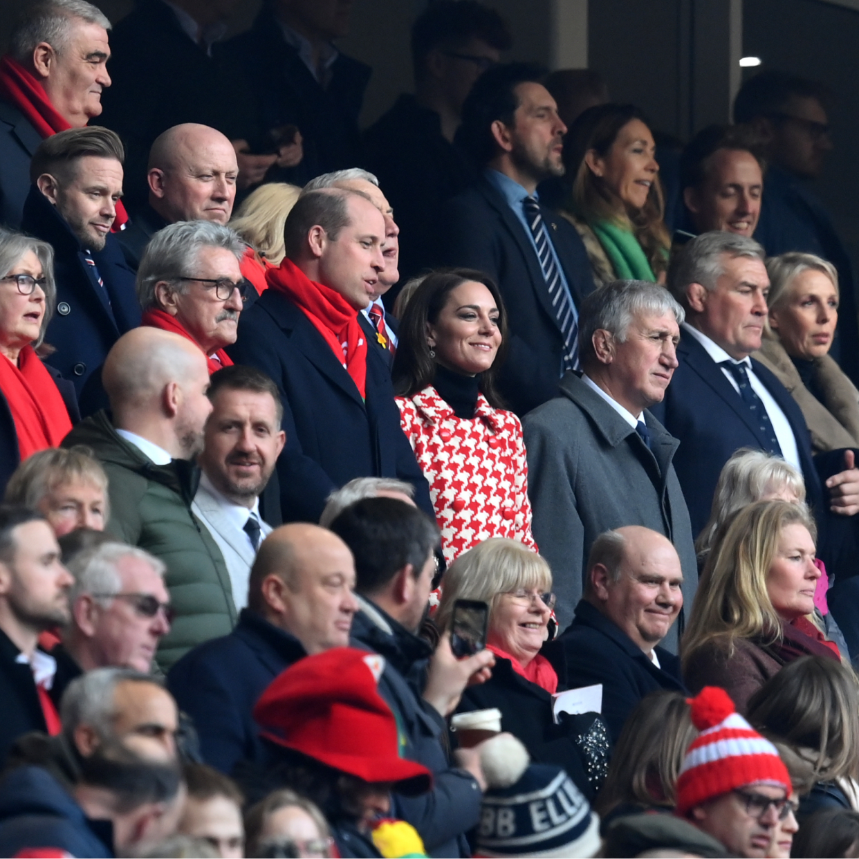  Gerald Davies, President of the Welsh Rugby Union, HRH Prince William, Prince of Wales, and HRH Princess Kate, Princess of Wales, line up during the National Anthems prior to the Six Nations Rugby match between Wales and England at Principality Stadium on February 25, 2023 in Cardiff, Wales. 