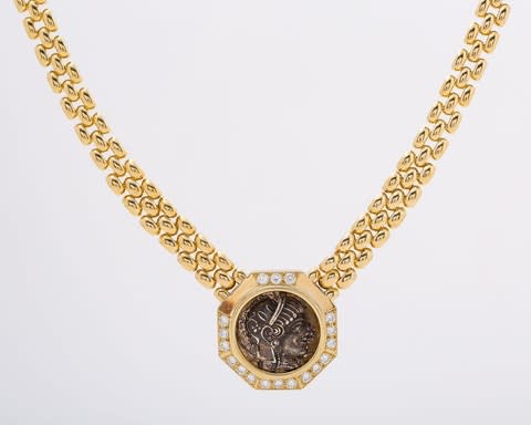 Gold, diamond and Greek coin necklace