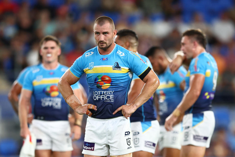 GOLD COAST, AUSTRALIA - MARCH 30: Kieran Foran of the Titans looks on during the round four NRL match between Gold Coast Titans and Dolphins at Cbus Super Stadium, on March 30, 2024, in Gold Coast, Australia. (Photo by Chris Hyde/Getty Images)