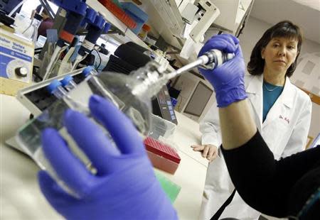 Director of the Cardiovascular Research Institute Dr. Elizabeth McNally looks on as her colleague prepares DNA from human patients at the University of Chicago in Chicago March 4, 2014. Picture taken March 4, 2014. REUTERS/Jim Young