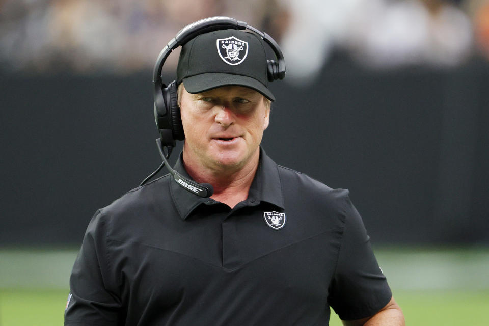 Pictured here, Head coach Jon Gruden of the Las Vegas Raiders reacts during an NFL game.