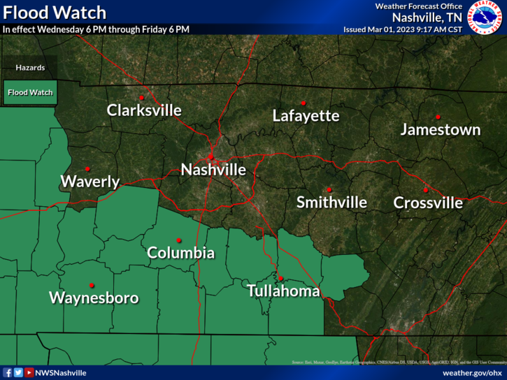 The southwestern part of Middle Tennessee will be under a flood watch from Wednesday evening through Friday evening, NWS said.