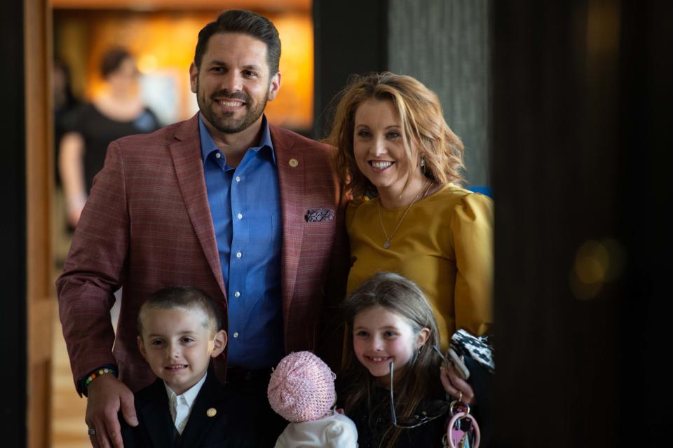 Mayor Scott Conger poses with his family for a photo at his watch party at Double Tree during the 2023 Jackson City Elections on May 2, 2023.