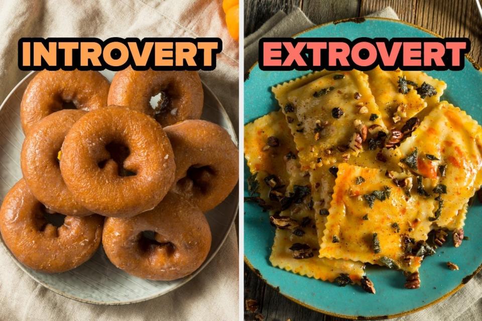 Two images: on the left, an image of donuts with the text "introvert" overlayed on top and on right, an image of ravioli with the text "extrovert" overlayed on top