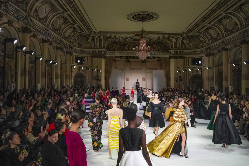 Fashion from Carolina Herrera's latest collection is modeled during Fashion Week, Monday Feb. 13, 2023, in New York. (AP Photo/Bebeto Matthews)