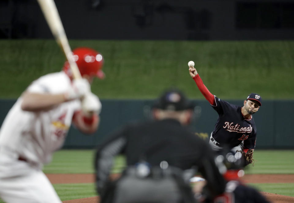 ST. LOUIS, MO - OCTOBER 11:  Anibal Sanchez #19 of the Washington Nationals pitches during Game 1 of the NLCS between the Washington Nationals and the St. Louis Cardinals on Friday, October 11, 2019 in St. Louis, Missouri. (Photo by Mark Humphrey/AP/Pool/MLB Photos via Getty Images)