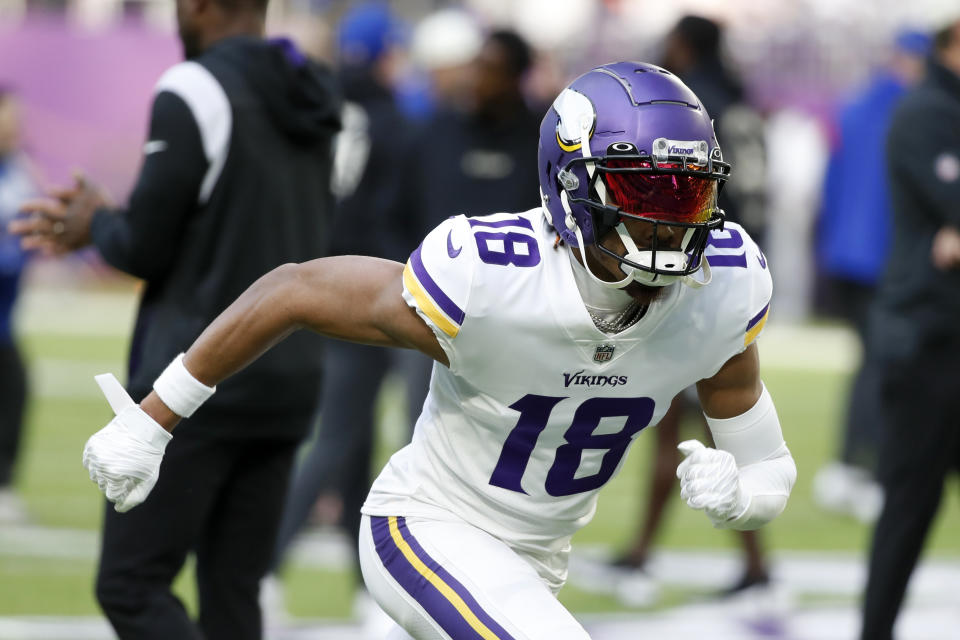 Minnesota Vikings wide receiver Justin Jefferson warms up before an NFL football game against the New York Giants, Saturday, Dec. 24, 2022, in Minneapolis. (AP Photo/Bruce Kluckhohn)