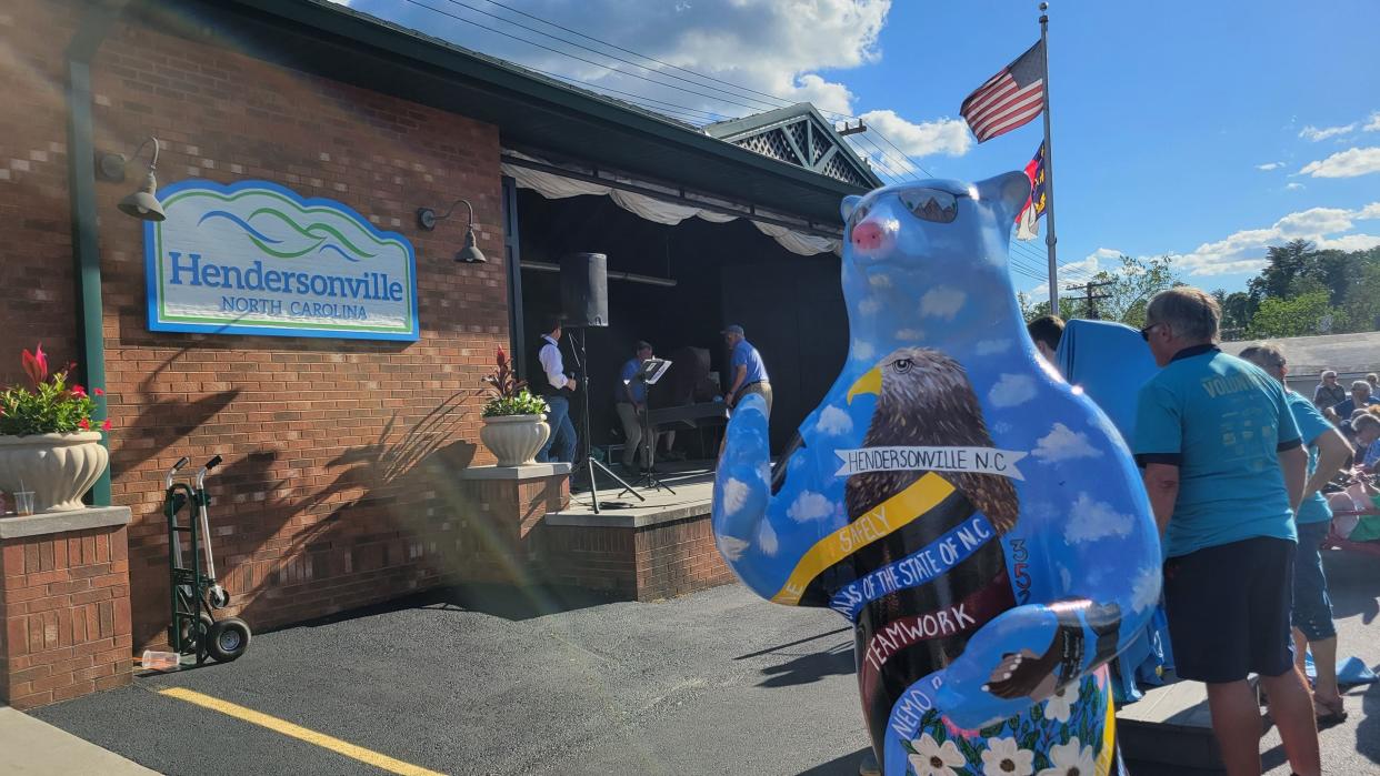 The Protect-and-Serve Bear stands on display during the Bearfootin' Bear reveal on Thursday in Hendersonville.