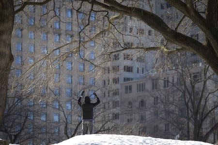 A man exercises on a hill in Central Park in the Manhattan borough of New York February 20, 2015. REUTERS/Carlo Allegri