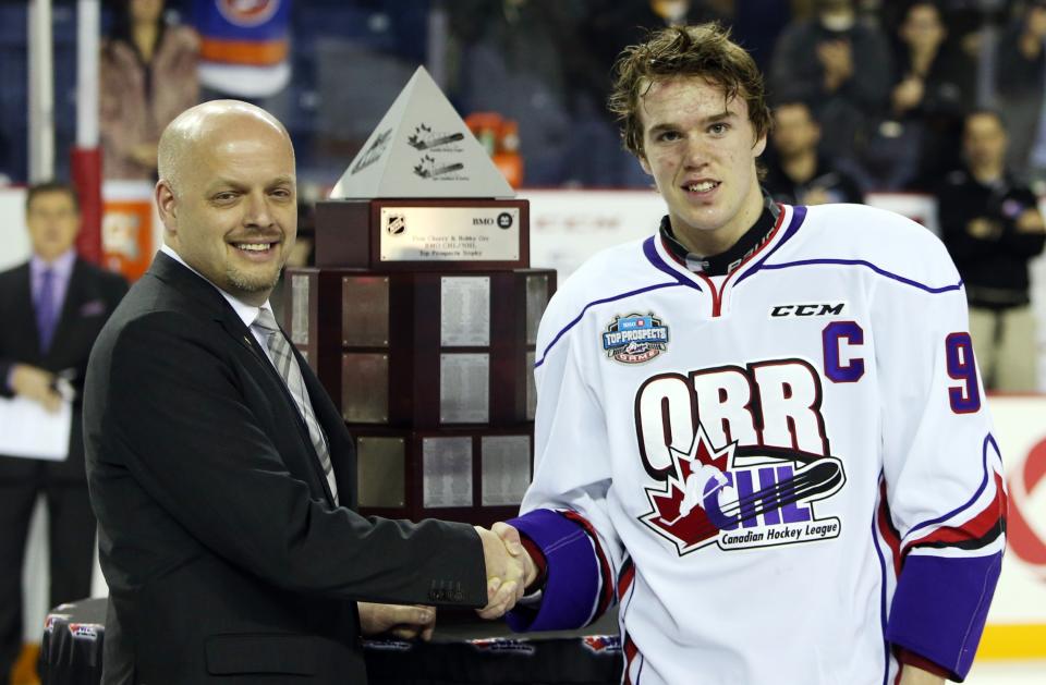 ST CATHARINES, ON - JANUARY 22: Connor McDavid #17 of Team Orr is presented with the winners trophy following the 2015 BMO CHL/NHL Top Prospects Game against Team Cherry at the Meridian Centre on January 22, 2015 in St Catharines, Ontario, Canada. (Photo by Vaughn Ridley/Getty Images)