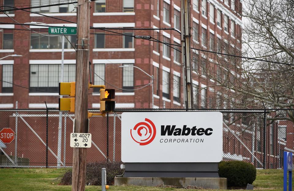 The east entrance to the Wabtec Cor. locomotive-manufacturing facility in Lawrence Park Township is shown on Jan. 19. The company, which purchased GE Transportation in 2019, reported sales of $8.36 billion in 2022.