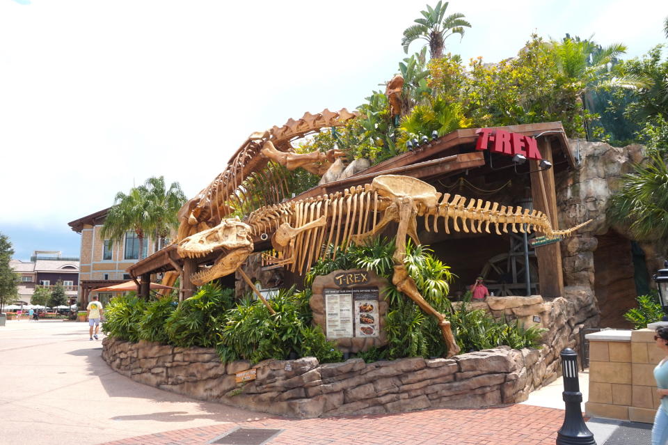 the cafe with a large replica of T-Rex bones outside