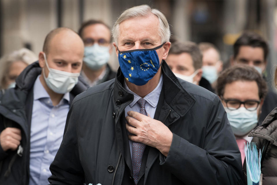 EU's chief negotiator Michel Barnier and his team leave their hotel in London for talks in Westminster as efforts continue to strike a post-Brexit trade deal.