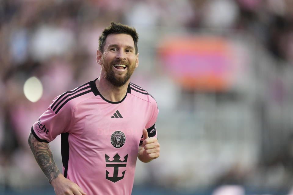 Inter Miami forward Lionel Messi runs after scoring against Orlando City during the second half of an MLS soccer match Saturday, March 2, 2024, in Fort Lauderdale, Fla. (AP Photo/Rebecca Blackwell)