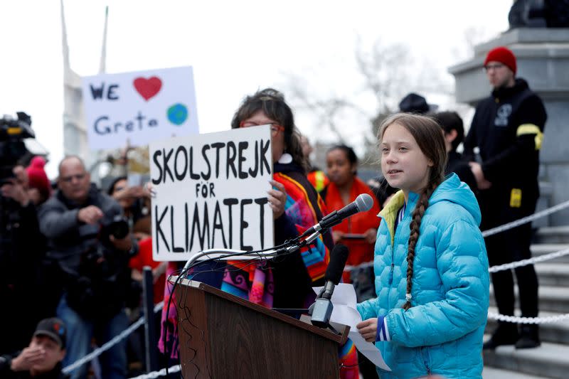 FILE PHOTO: Climate change teen activist Greta Thunberg joins a climate strike march in Edmonton