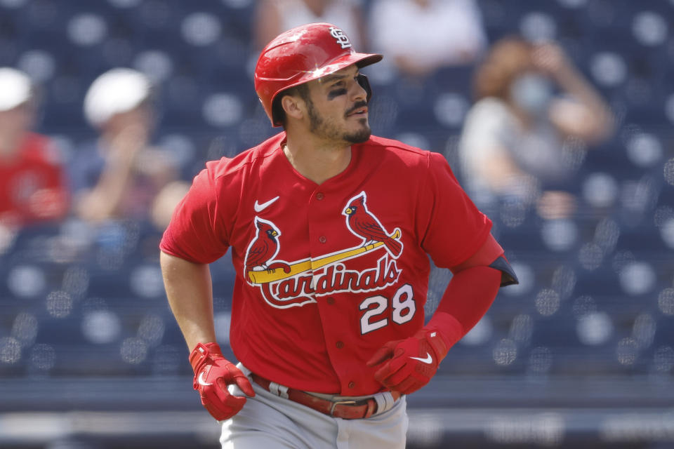 WEST PALM BEACH, FLORIDA - MARCH 10: Nolan Arenado #28 of the St. Louis Cardinals in action against the Washington Nationals  during a Grapefruit League spring training game at FITTEAM Ballpark of The Palm Beaches on March 10, 2021 in West Palm Beach, Florida. (Photo by Michael Reaves/Getty Images)