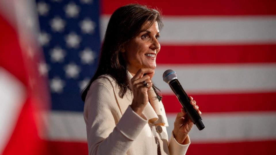 PHOTO: Former UN ambassador and 2024 Presidential hopeful Nikki Haley speaks to Iowa residents during a visit in Spirit Lake, Iowa, on Dec. 9, 2023, ahead of the Iowa caucus. (Christian Monterrosa/AFP via Getty Images)