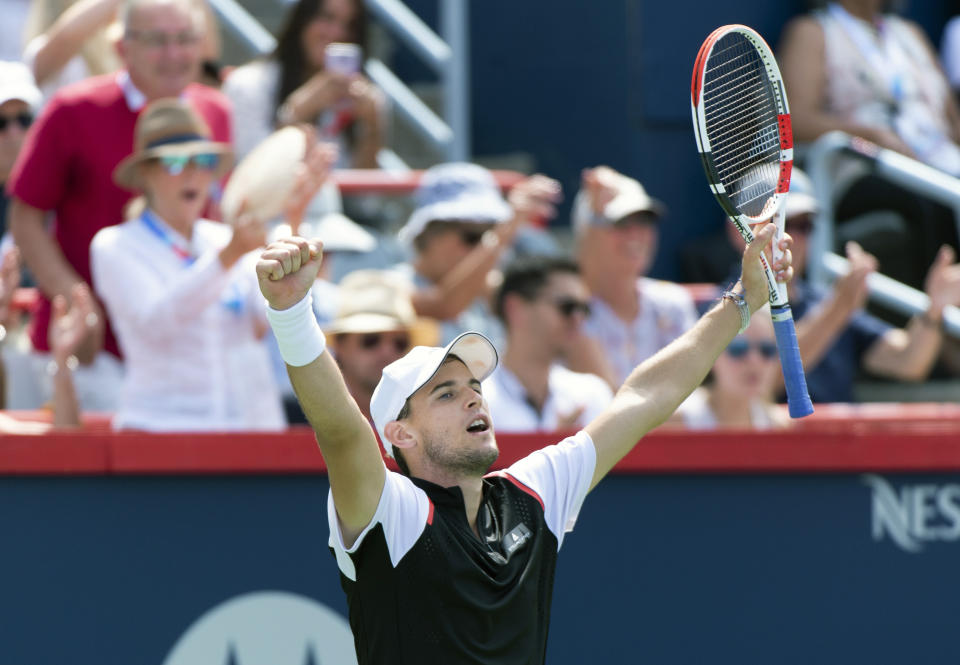 Dominic Thiem of Austria celebrates his victory over Marin Cilic of Croatia during the Rogers Cup men’s tennis tournament Thursday, Aug. 8, 2019, in Montreal. (Paul Chiasson/The Canadian Press via AP)