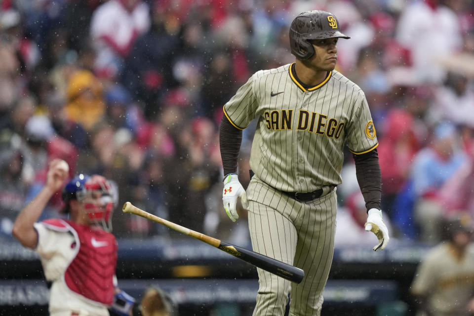San Diego Padres' Juan Soto watches his home run during the fourth inning in Game 5 of the baseball NL Championship Series between the San Diego Padres and the Philadelphia Phillies on Sunday, Oct. 23, 2022, in Philadelphia. (AP Photo/Matt Slocum)