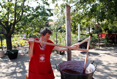 An elderly woman cooks plum marmalade in Bordany, Hungary, September 19, 2018. REUTERS/Bernadett Szabo