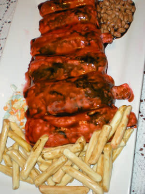 BBQ Ribs, French Fries, Baked Beans, and Cole Slaw