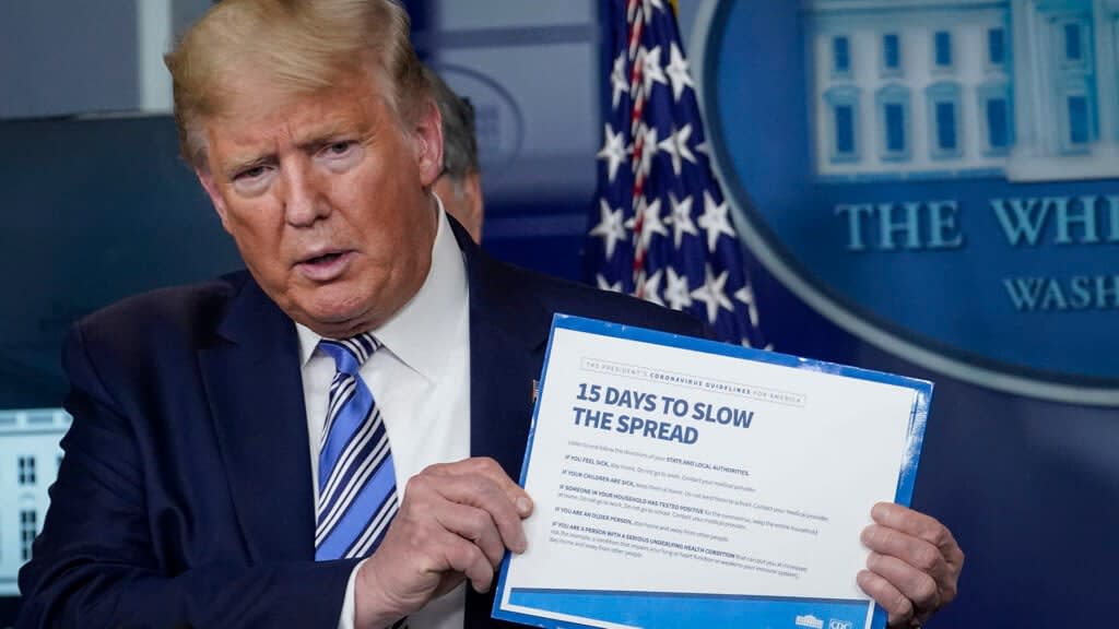 U.S. President Donald Trump speaks at the daily coronavirus briefing at the White House on March 23, 2020 in Washington, DC. With the number of deaths caused by the coronavirus rising and foreseeable economic turmoil, the U.S. Congress continues to work on legislation for the nearly $2 trillion dollar aid package to deal with the COVID-19 pandemic. (Photo by Drew Angerer/Getty Images)