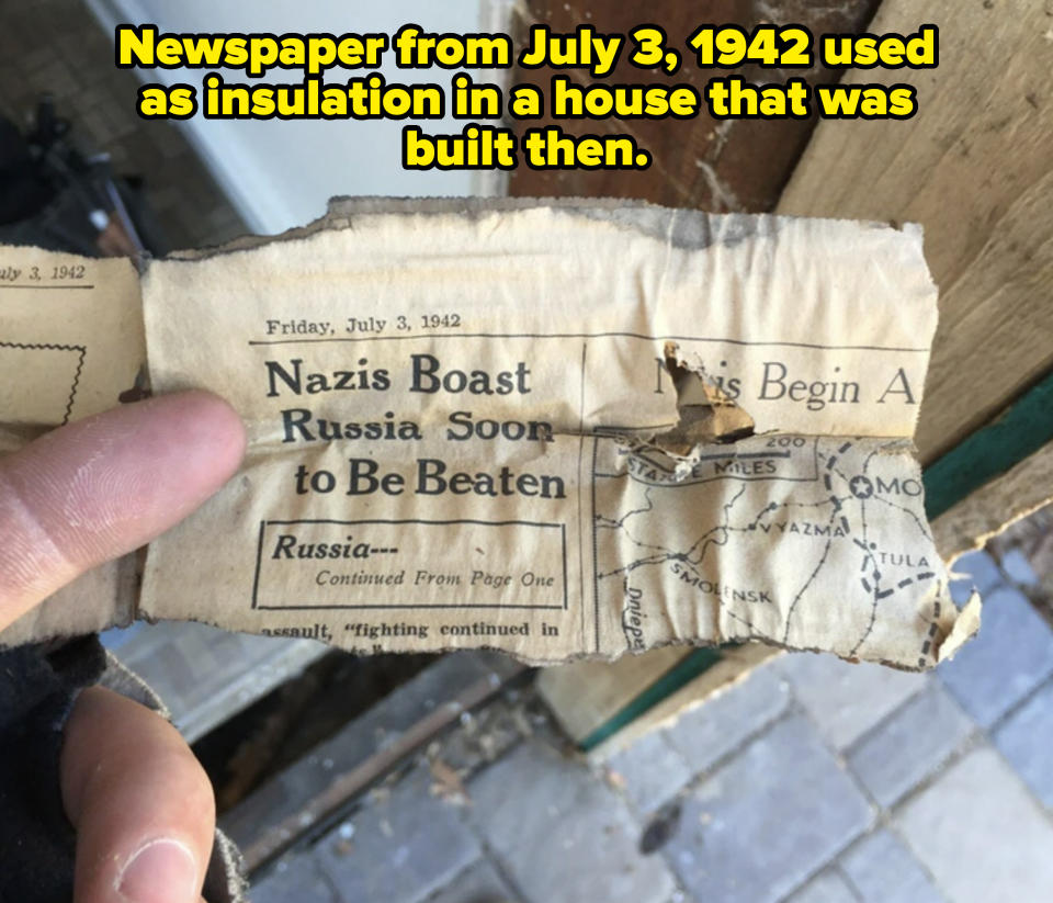 A historical newspaper fragment dated July 3, 1942, with a headline stating, "Nazis Boast Russia Soon to Be Beaten." The paper is old and torn