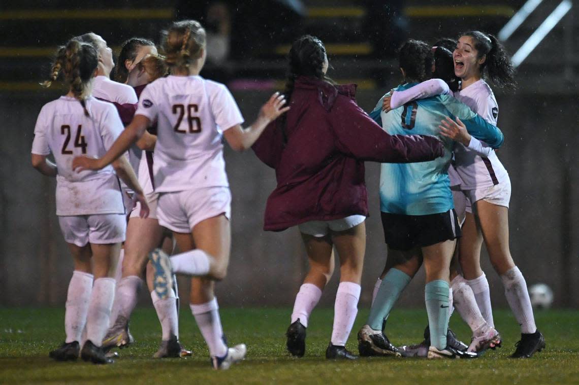 Menlo-Atherton celebrates its 1-0 win against Clovis North in the CIF Northern California Regional girls playoff game Tuesday, Feb. 2, 2023 in Clovis.