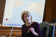 Sen. Lisa Murkowski, R-Alaska, speaks during a Senate Committee on Energy and Natural Resources hearing on the nomination of Rep. Debra Haaland, D-N.M., to be Secretary of the Interior on Capitol Hill in Washington, Wednesday, Feb. 24, 2021. (Leigh Vogel/Pool via AP)