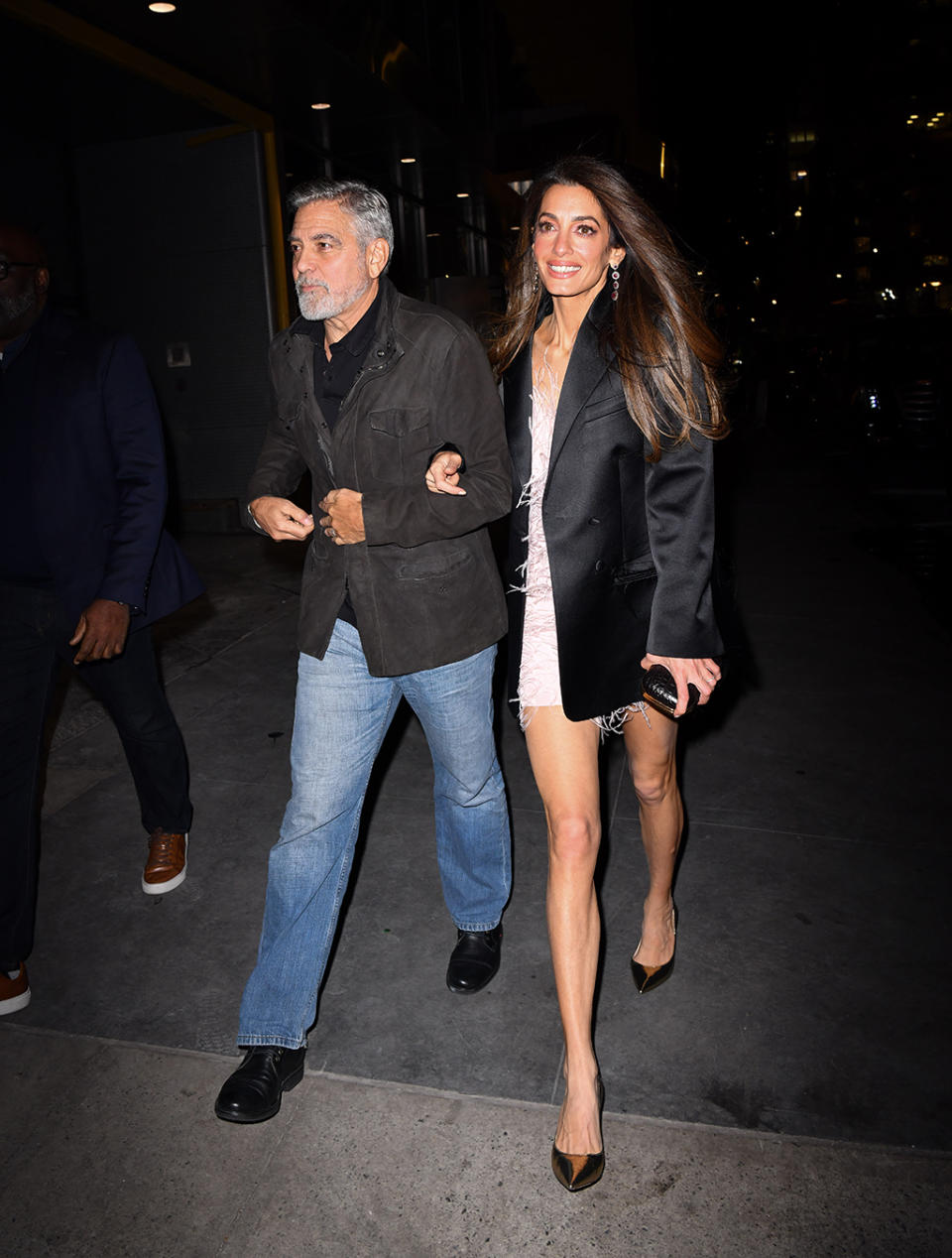 Amal Clooney, George Clooney, gold, metallic, pumps, feathers, New York.