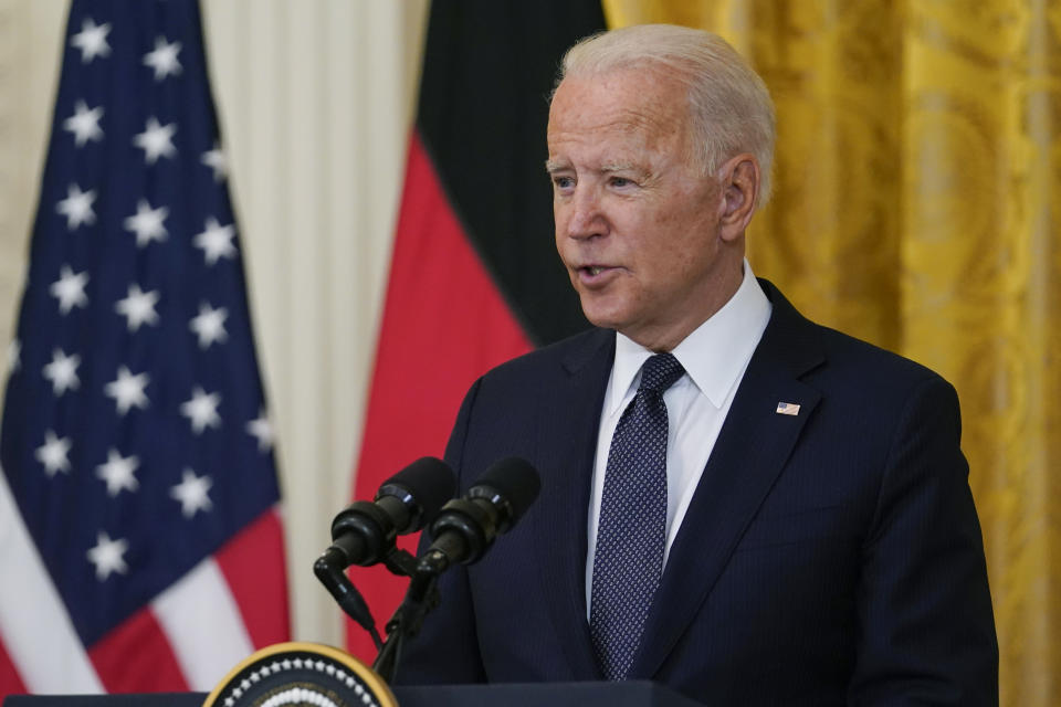 President Joe Biden speaks during. News conference with German Chancellor Angela Merkel in the East Room of the White House in Washington, Thursday, July 15, 2021. (AP Photo/Susan Walsh)