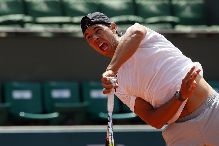 Spain's Rafael Nadal takes part in a training session ahead of the French Open, at the Roland Garros stadium in Paris on May 22, 2015