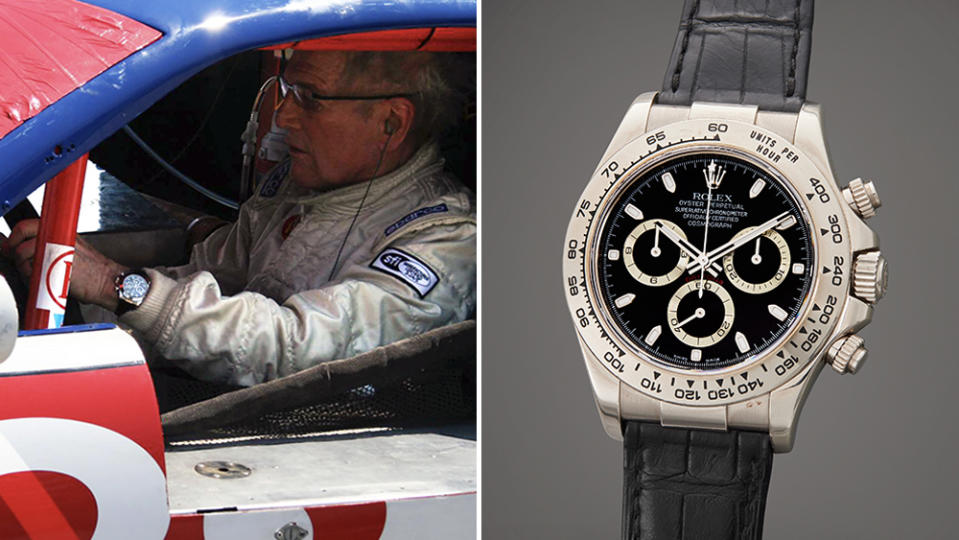The veteran racer pictured at Lime Rock Park wearing the Rolex Daytona, ref. 116519, gifted to him by his wife